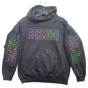 Bermuda‎ Hoodie Mens Medium Rainbow Spell Out Sleeve Hits AOP Grunge Streetwear